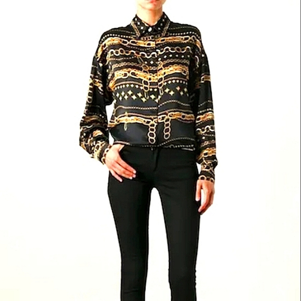 Versace Black Silk gold chain Logo Versus button down blouse tunic Top size 40